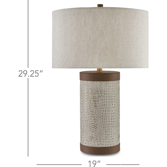 Baptiste Table Lamp by Currey and Company in ivory, brown, brushed brass. Made from wood, leather, brass in a modern style.