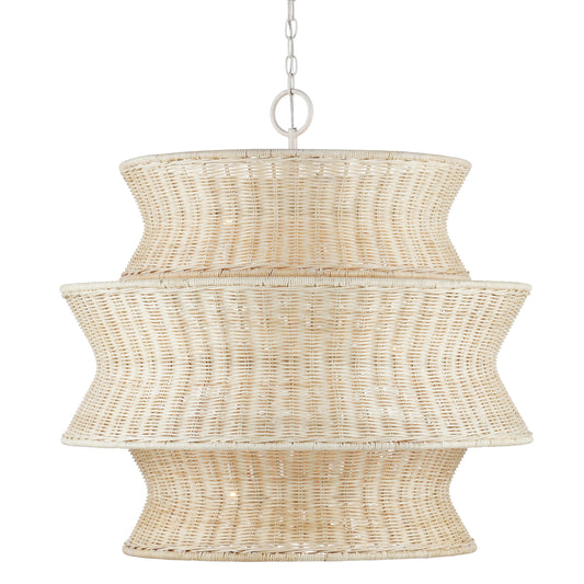 Phebe Rattan Chandelier by Currey and Company in bleached natural, vanilla. Made from rattan, wrought iron in a cottage & farmhouse style.