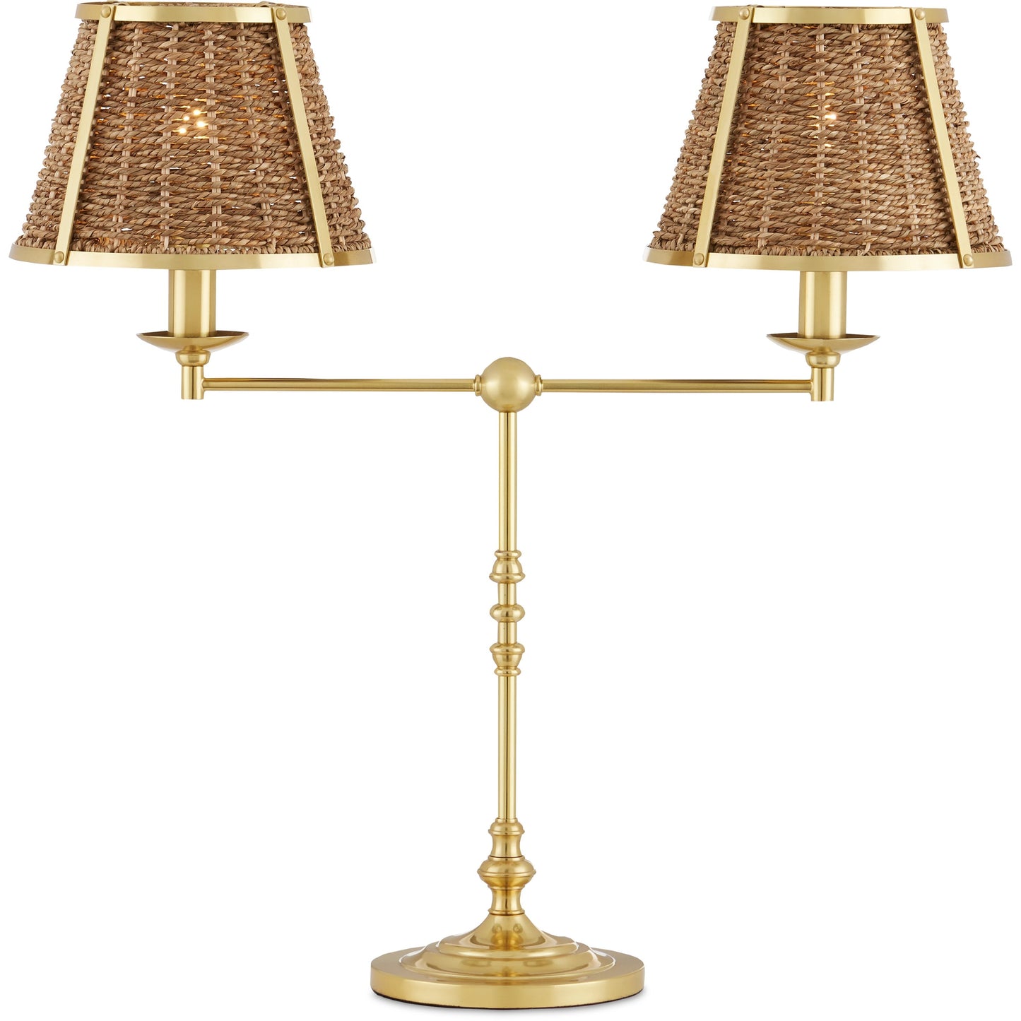 001 SI-2133900 | Primary Silo | Deauville Desk Lamp by Currey and Company in polished brass, natural. Made from metal, seagrass in a cottage & farmhouse style.