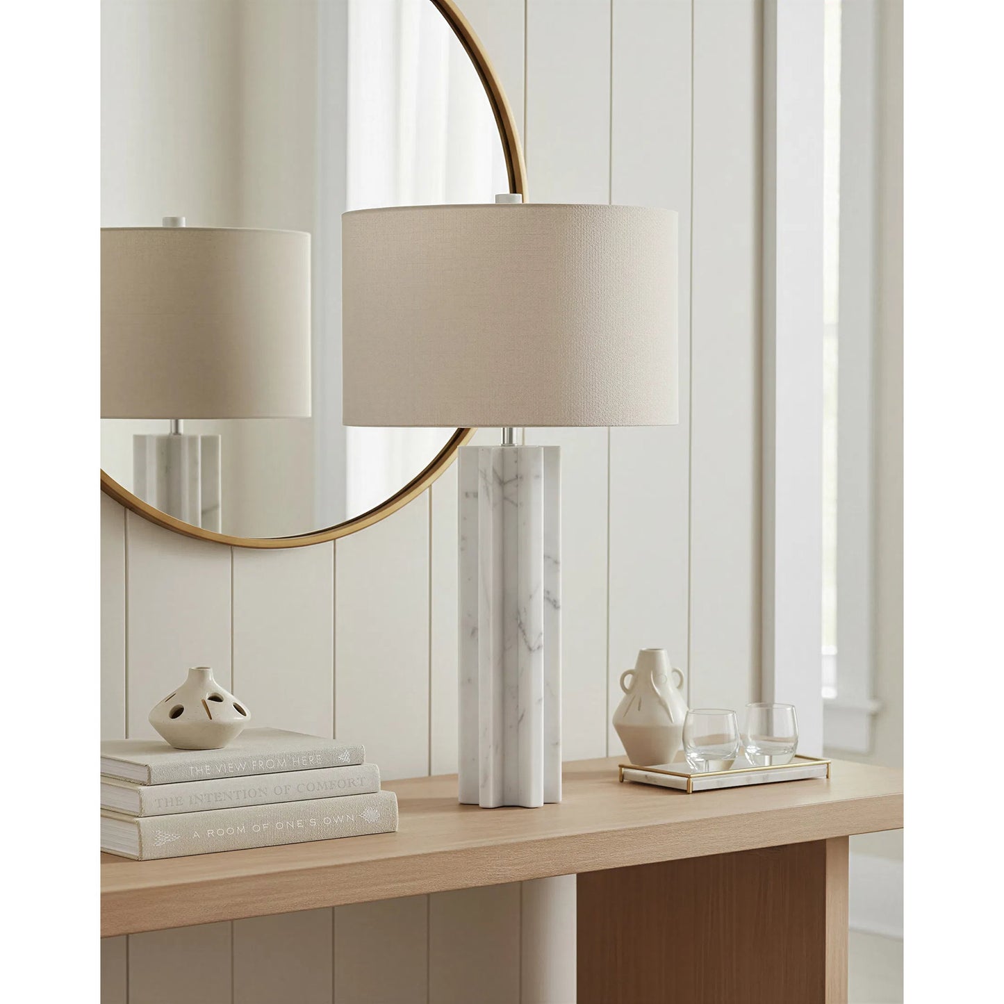 006 SI-2007812 | Lifestyle | Mercurius Marble Table Lamp by Currey and Company in white. Made from marble in a modern style.