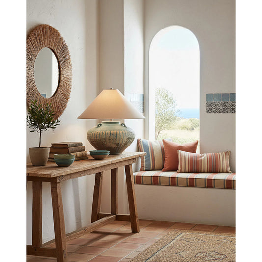 Catania Table Lamp by Currey and Company in antique blue drip. Made from terracotta in a modern style.