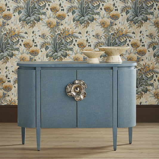 Briallen Demi-Lune Cabinet by Currey and Company in lacquered blue linen, natural oak, polished nickel. Made from linen, rubberwood, oak veneer, cast brass in a traditional style.