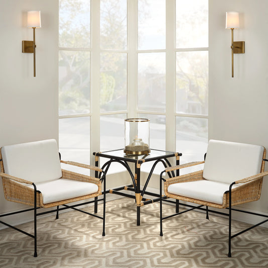 Minerva Wall Sconce by Jamie Young in antique brass, white linen. Made from steel, linen in a transitional style.