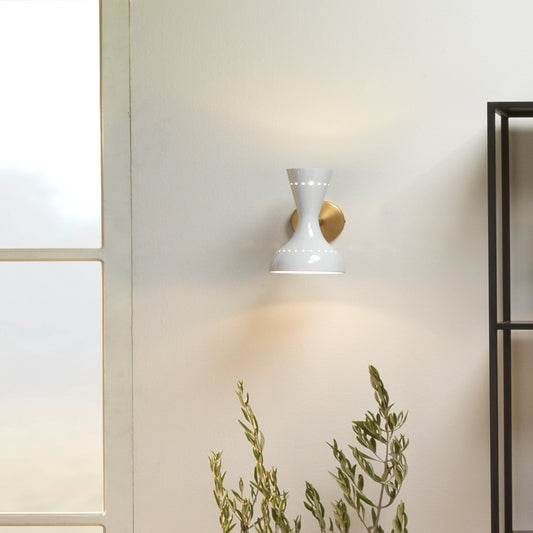 Pisa Wall Sconce by Jamie Young in white lacquer, antique brass. Made from steel in a modern style.