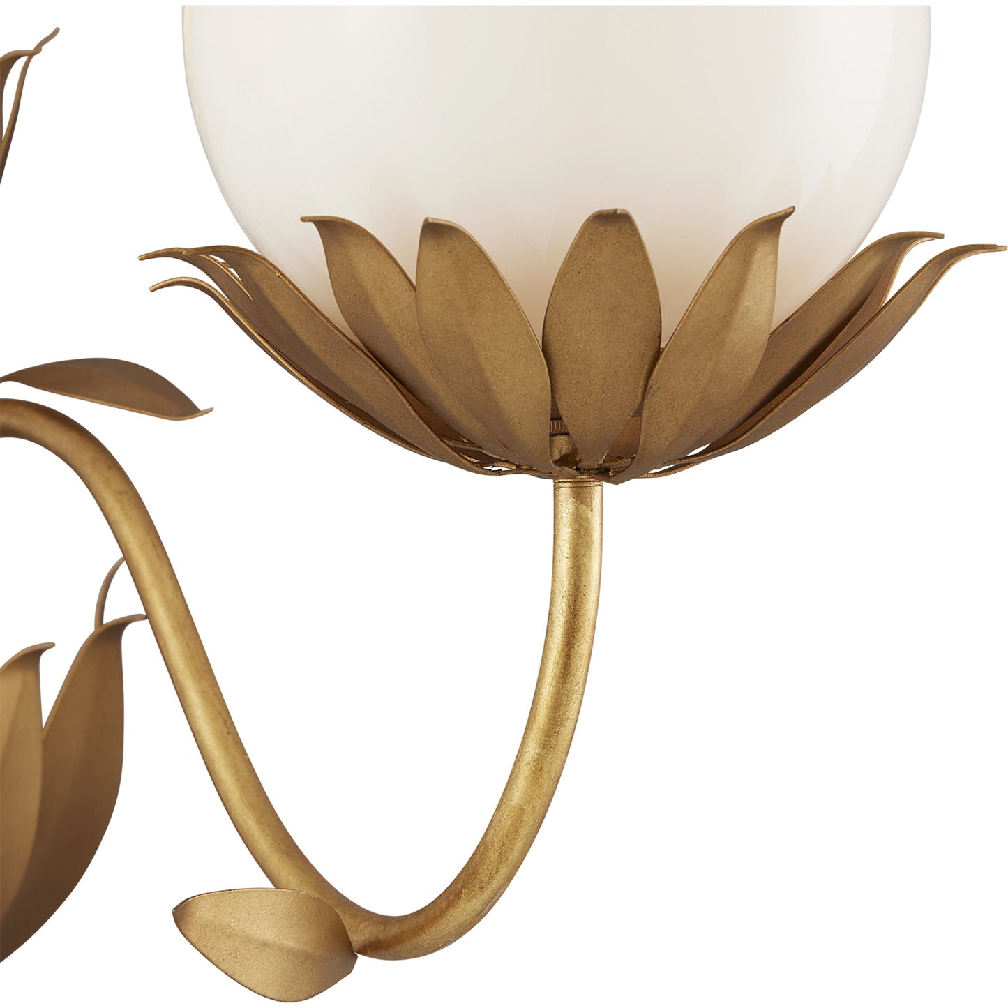 004 SI-2007815 | Closeup | Mirasole Wall Sconce by Currey and Company in contemporary gold leaf, white. Made from wrought iron, glass in a traditional style.