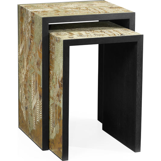 Fusion Chinoiserie Style & Ebonised Oak Nesting Tables by Jonathan Charles in brown and antique etched brass. Made from oak in a eclectic & global style.
