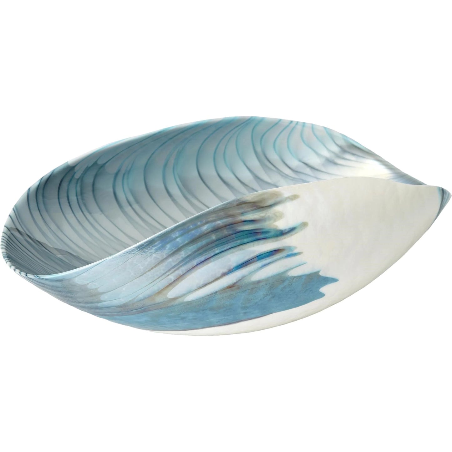 004 SR-892295 | Additional Silo | Ivory Turquoise Feather Swirl Oval Folded Bowl by Global Views. Made from art glass in a coastal style.