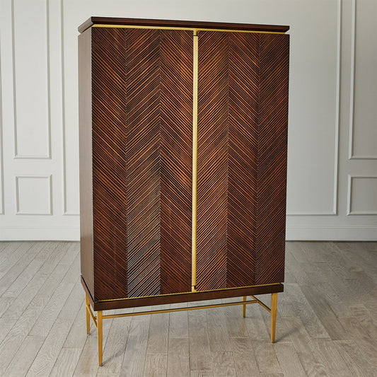 Latilla Bar Cabinet by Global Views. Made from brass, mirror in a transitional style.