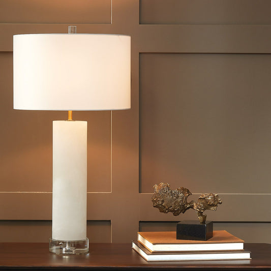Alabaster Cylinder Table Lamp by Global Views in brass. Made from crystal, metal, alabaster in a coastal style.