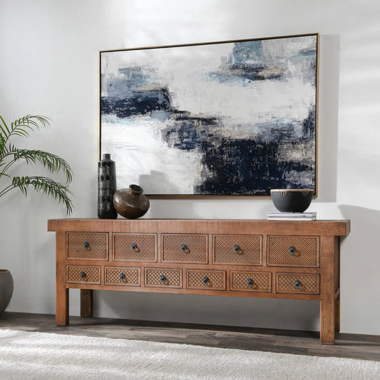 Lahey 11-Drawer Pine Wood Console Table by Classic Home in mission brown. Made from reclaimed pine in a traditional style.
