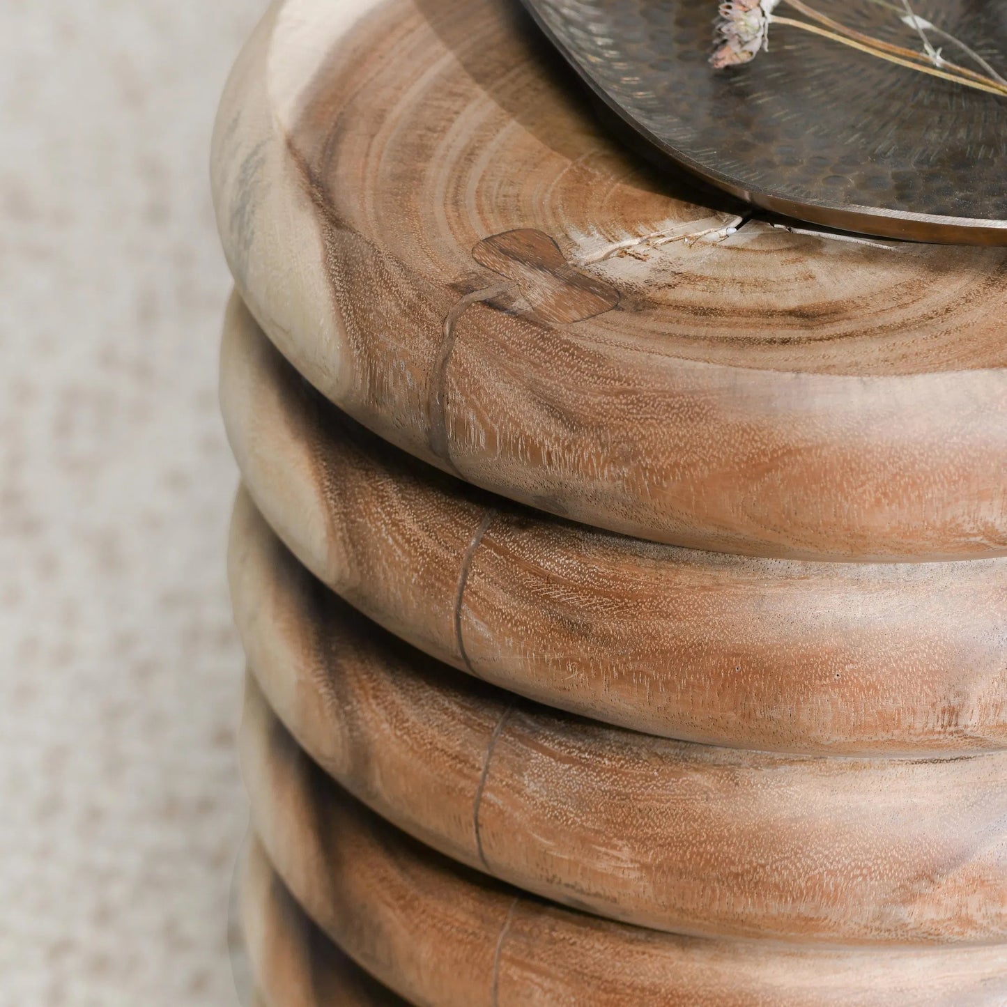 004 SI-2353703 | Closeup | Gala Round Meh Wood End Table by Classic Home in natural. Made from meh wood in a transitional style.