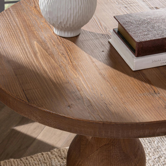 Carolina Reclaimed Pine Round End Table by Kosas Home in natural. Made from reclaimed pine in a transitional style.