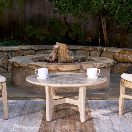 Dawn Outdoor Round Coffee Table by Classic Home in gray matte. Made from teak wood in a modern style.