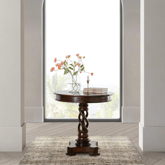 Bella Mango Wood 30" Round Table by Kosas Home in dark brown. Made from mango wood in a traditional style.