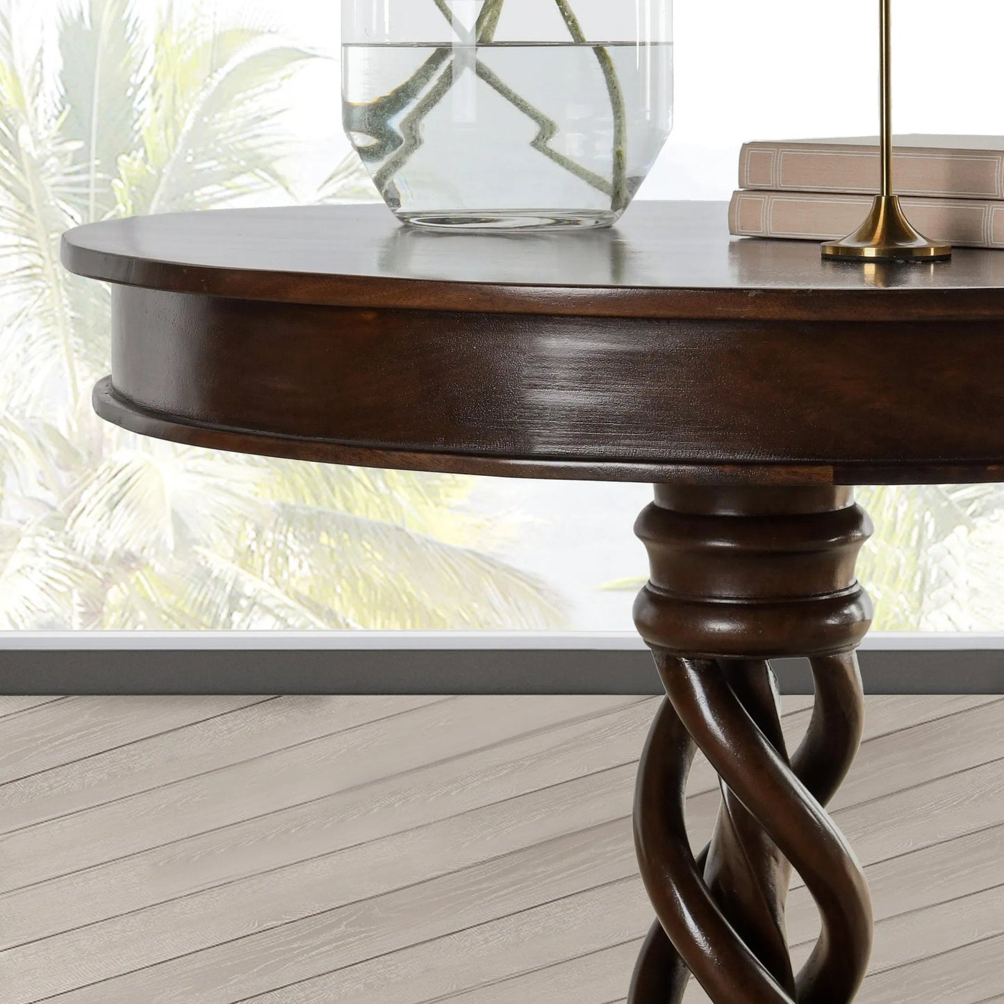 009 SI-2238805 | Closeup | Bella Mango Wood 30" Round Table by Kosas Home in dark brown. Made from mango wood in a traditional style.