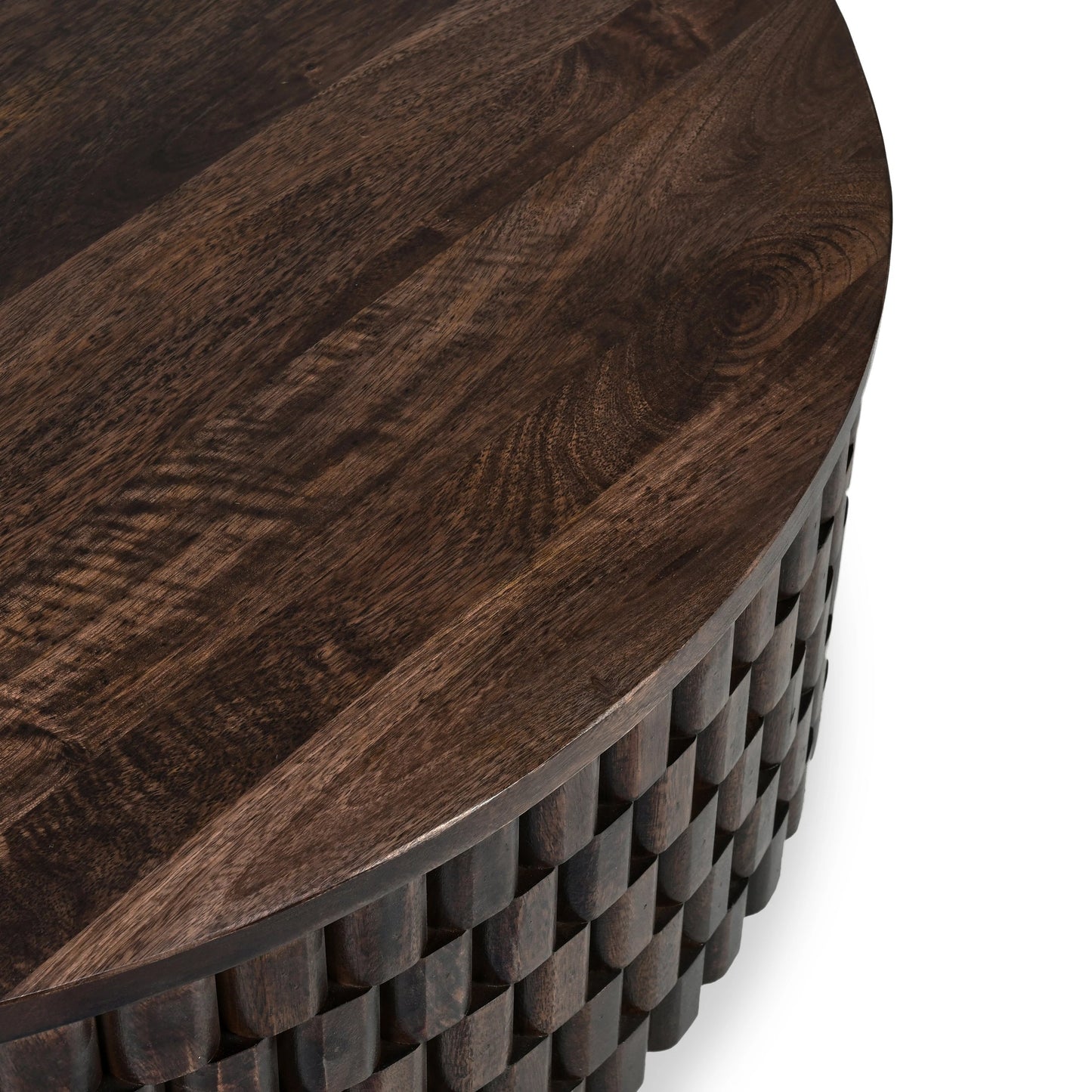 007 SI-2160256 | Closeup | Norwood Round Coffee Table by Classic Home. Made from mango wood in a modern style.