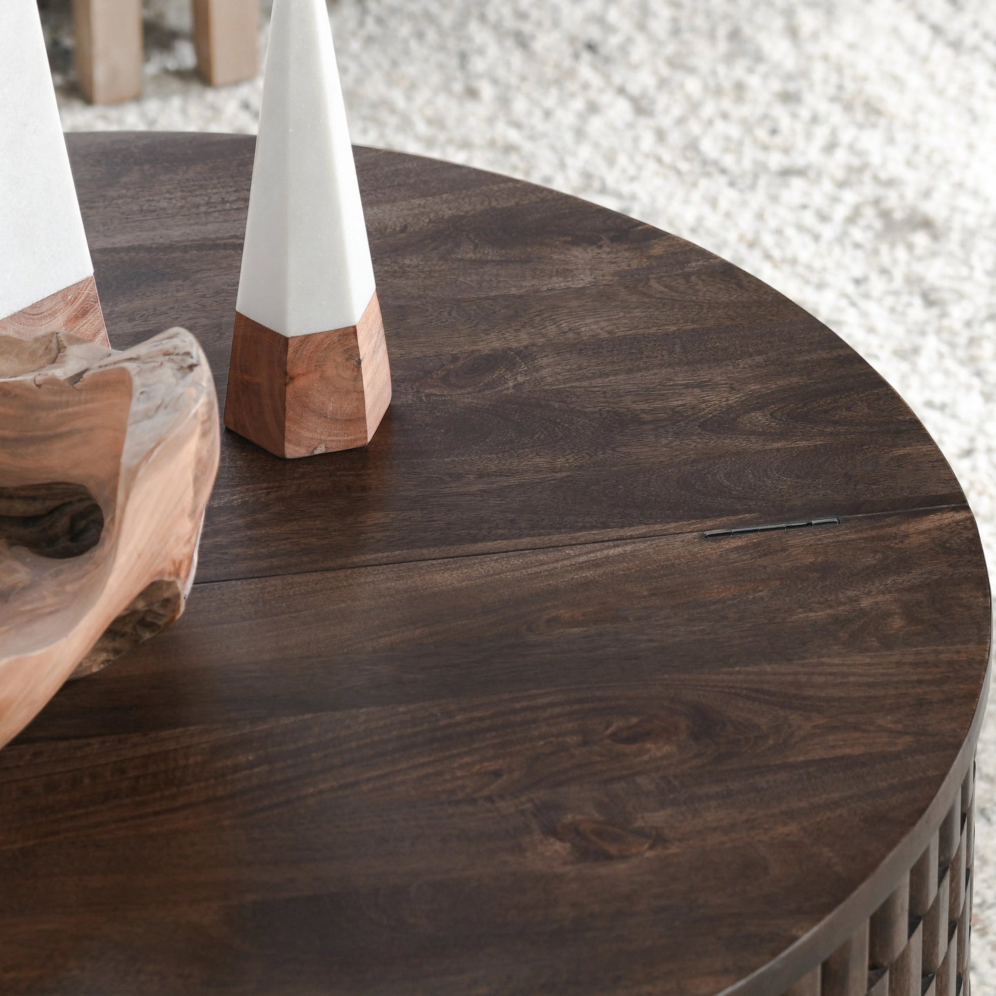 011 SI-2160256 | Closeup | Norwood Round Coffee Table by Classic Home. Made from mango wood in a modern style.
