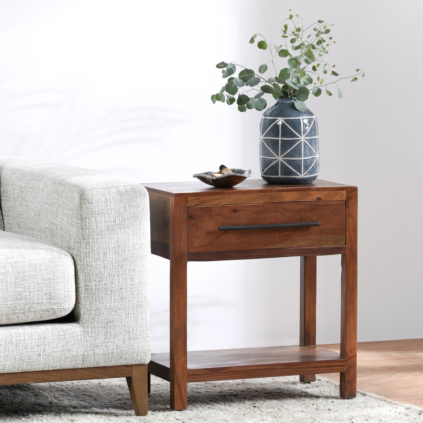 008 SI-2160258 | Closeup | Wren One-Drawer End Table by Kosas Home in natural brown finish. Made from mango wood in a modern style.