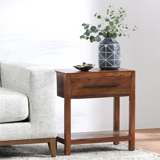 Wren One-Drawer End Table by Kosas Home in natural brown finish. Made from mango wood in a modern style.