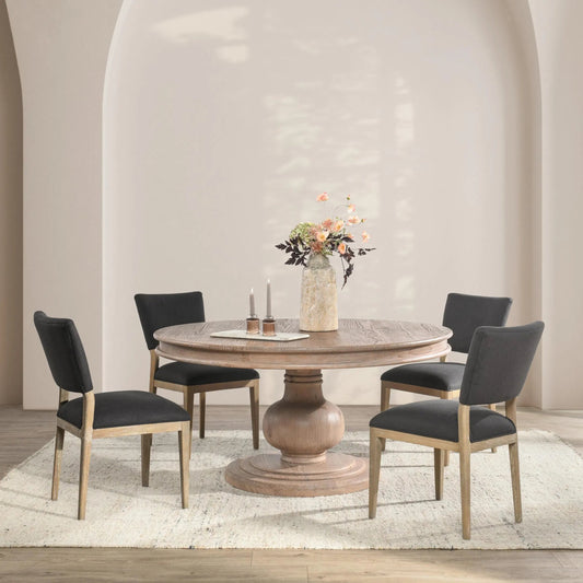 Baldwin 60" Pine Wood Round Dining Table by Kosas Home in taupe. Made from pine wood in a transitional style.