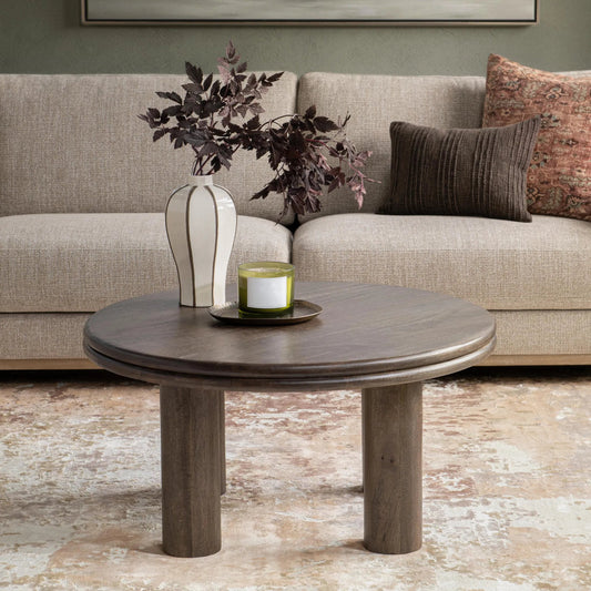 Miranda Round Coffee Table by Classic Home in cocoa brown. Made from mango wood in a unique style.