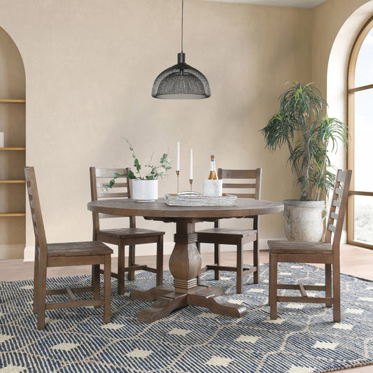 Quincy Round Dining Table by Kosas Home in desert gray. Made from reclaimed pine wood in a cottage & farmhouse style.