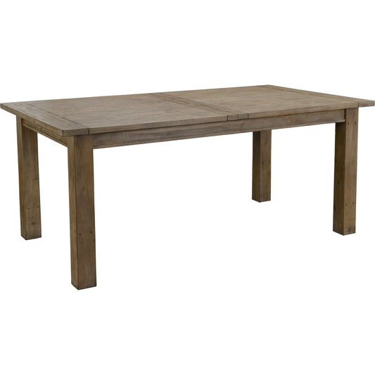 Driftwood Extension Dining Table by Kosas Home in desert gray. Made from reclaimed pine wood in a rustic style.