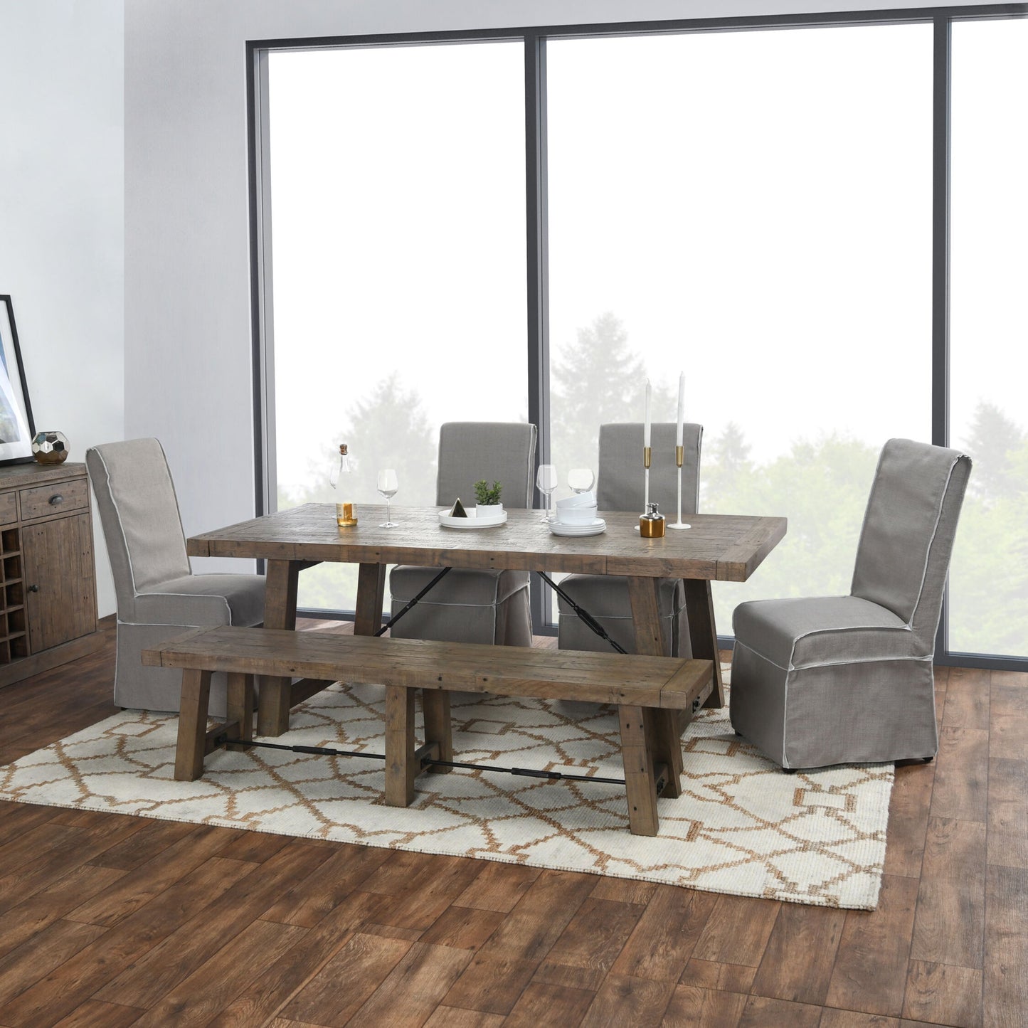 010 SR-897835 | Lifestyle | Tuscany Extension Dining Table by Kosas Home in desert gray. Made from reclaimed pine wood in a rustic style.