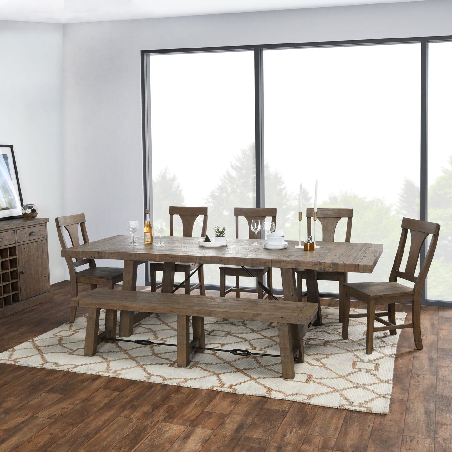 006 SR-897835 | Lifestyle | Tuscany Extension Dining Table by Kosas Home in desert gray. Made from reclaimed pine wood in a rustic style.