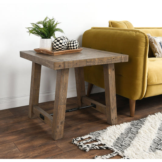 Tuscany End Table by Kosas Home in weathered gray. Made from reclaimed pine wood in a rustic style.