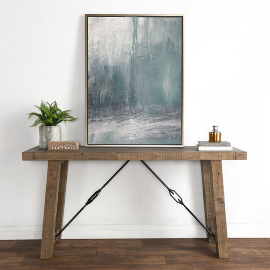 Tuscany Console Table by Kosas Home in weathered gray. Made from reclaimed pine wood in a rustic style.
