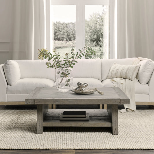 Stonebrigdge Square Coffee Table by Classic Home in distressed grey, antique gray. Made from reclaimed pine, concrete laminate top in a modern style.