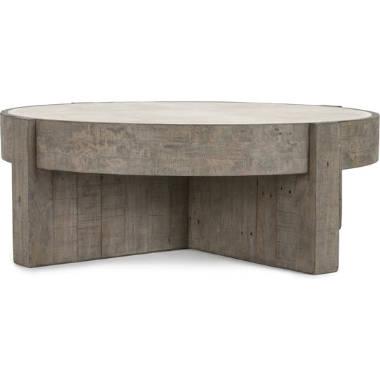 Sonoma Round Reclaimed Pine Coffee Table by Classic Home in corsican grey & antique white top. Made from reclaimed pine, concrete laminate top in a modern style.