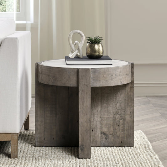 Sonoma Round Reclaimed Pine End Table by Classic Home in corsican grey & antique white top. Made from reclaimed pine, concrete laminate top in a modern style.