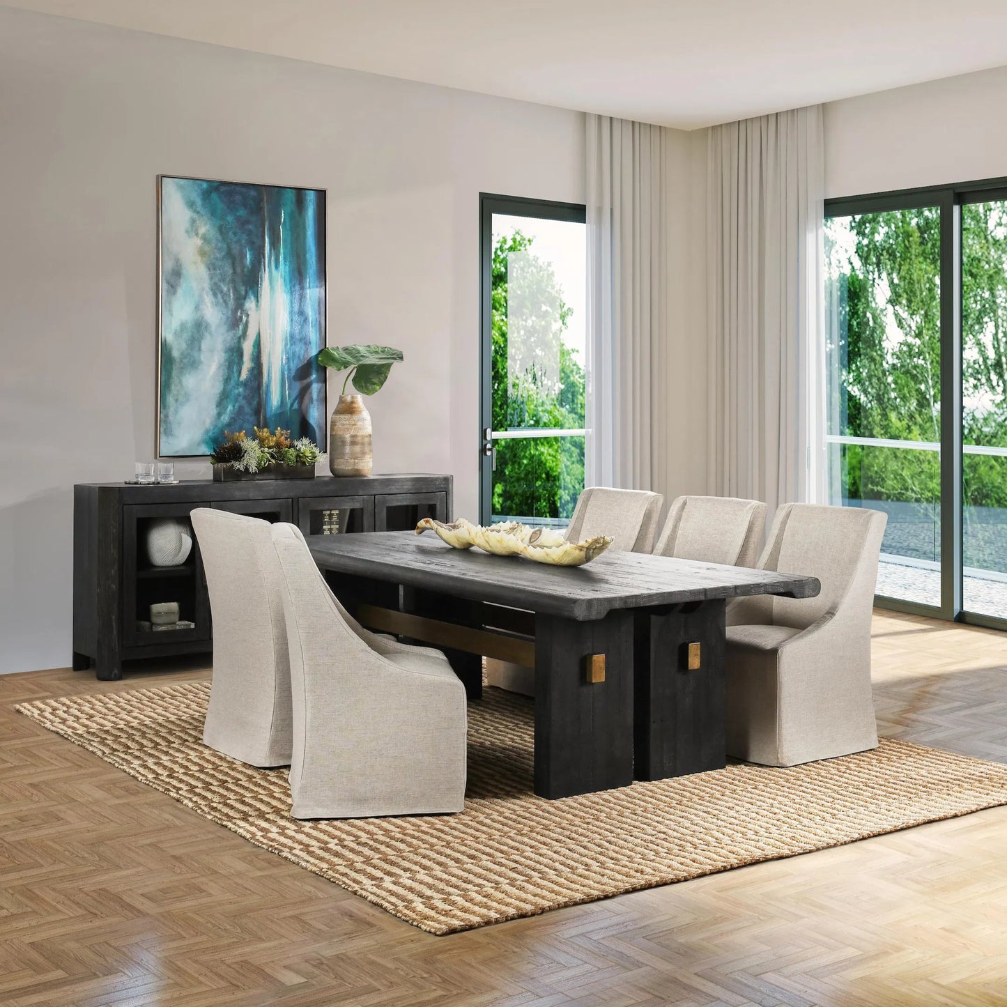 013 SI-2078726 | Lifestyle | Larson Dining Table by Classic Home in black, classic brass. Made from pine wood in a modern style.