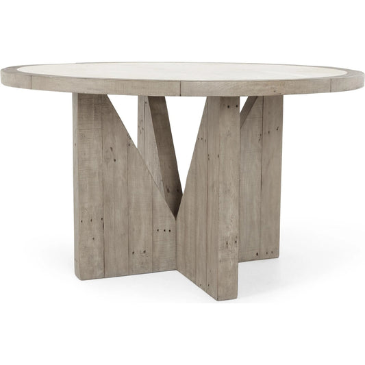 Vincent Reclaimed Pine Wood Round Dining Table by Classic Home in concrete gray. Made from pine wood in a transitional style.