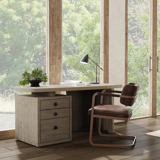Angus Reclaimed Wood Writing Desk by Classic Home in gray. Made from concrete laminate in a transitional style.
