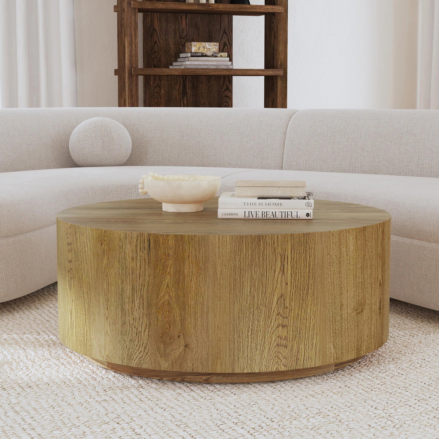 007 SI-2160278 | Closeup | Layne Round Coffee Table by Classic Home. Made from oak veneer in a modern style.