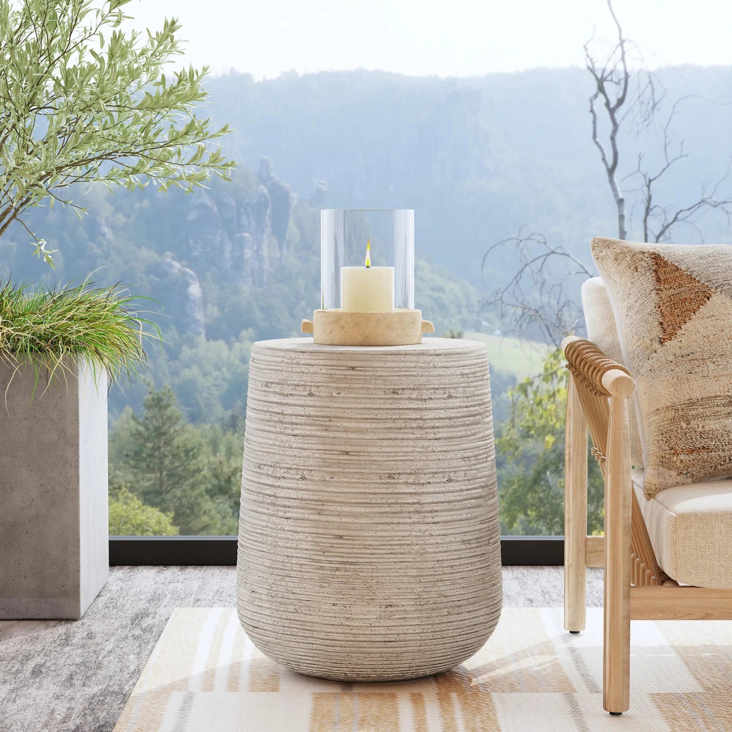 008 SI-2078734 | Lifestyle | Nellie Outdoor End Table by Classic Home in rough light grey. Made from concrete in a modern style.