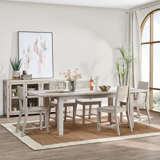 Driftwood Reclaimed Pine Extension Dining Table by Kosas Home in antique ivory and beige. Made from reclaimed pine wood in a transitional style.