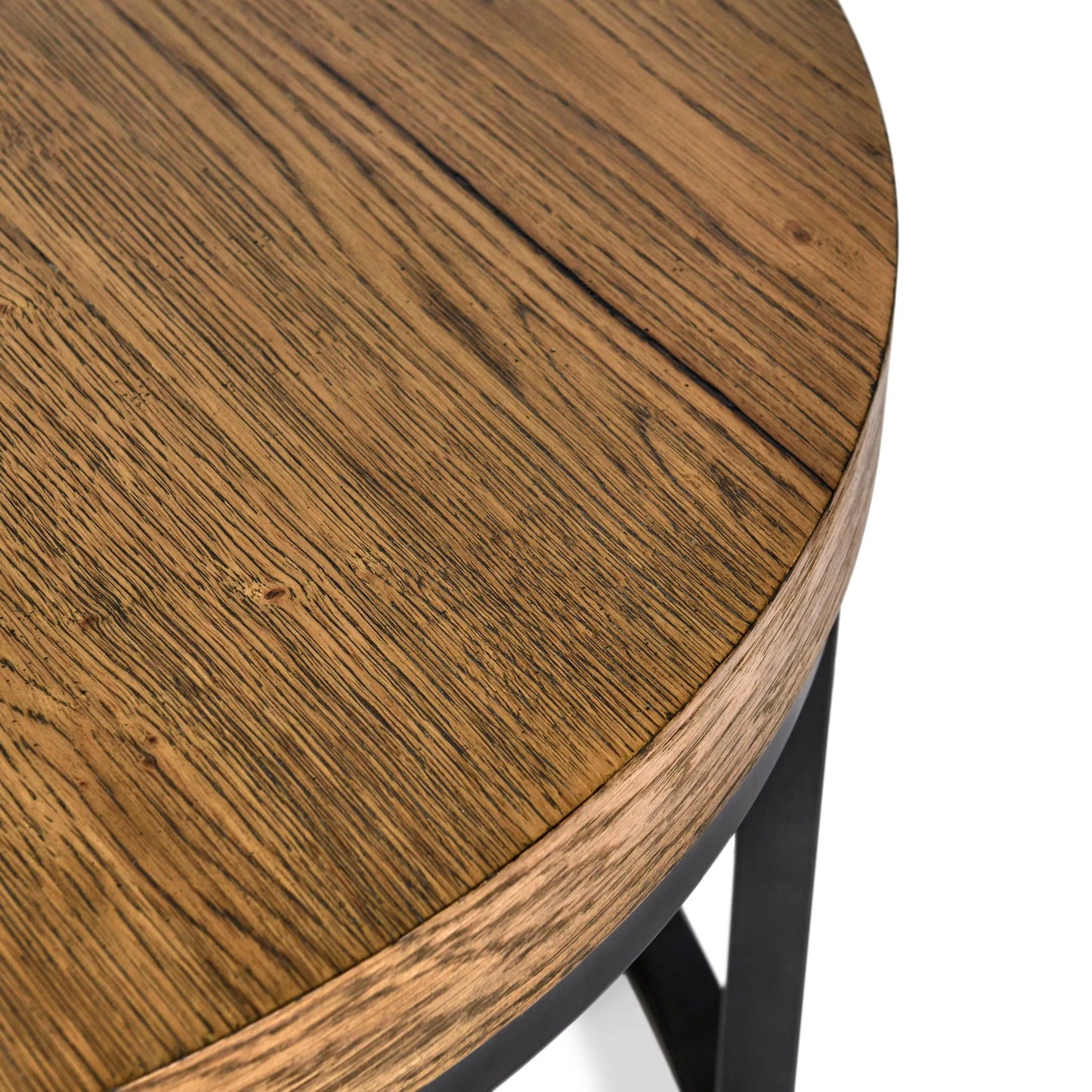 006 SI-2249237 | Closeup | Catta Round Wood Coffee Table by Kosas Home in light brown, black. Made from oak veneer, iron in a unique style.