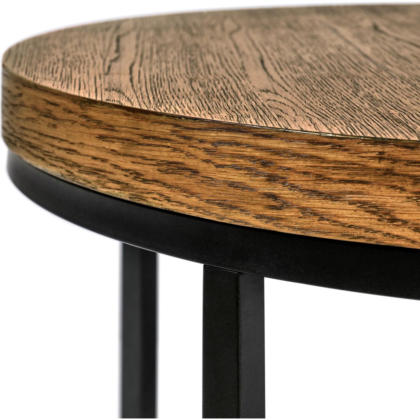 003 SI-2249237 | Closeup | Catta Round Wood Coffee Table by Kosas Home in light brown, black. Made from oak veneer, iron in a unique style.