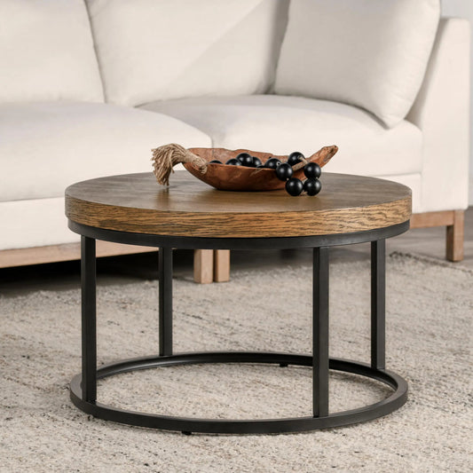 Catta Round Wood Coffee Table by Kosas Home in light brown, black. Made from oak veneer, iron in a modern style.