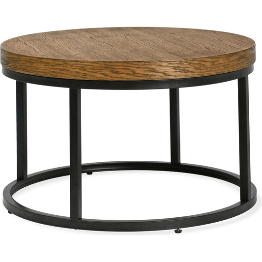 Catta Round Wood Coffee Table by Kosas Home in light brown, black. Made from oak veneer, iron in a modern style.
