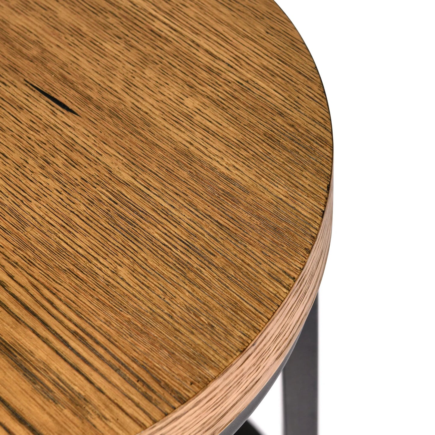 003 SI-2249238 | Closeup | Catta Round Wood End Table by Kosas Home in light brown, black. Made from oak veneer, iron in a unique style.