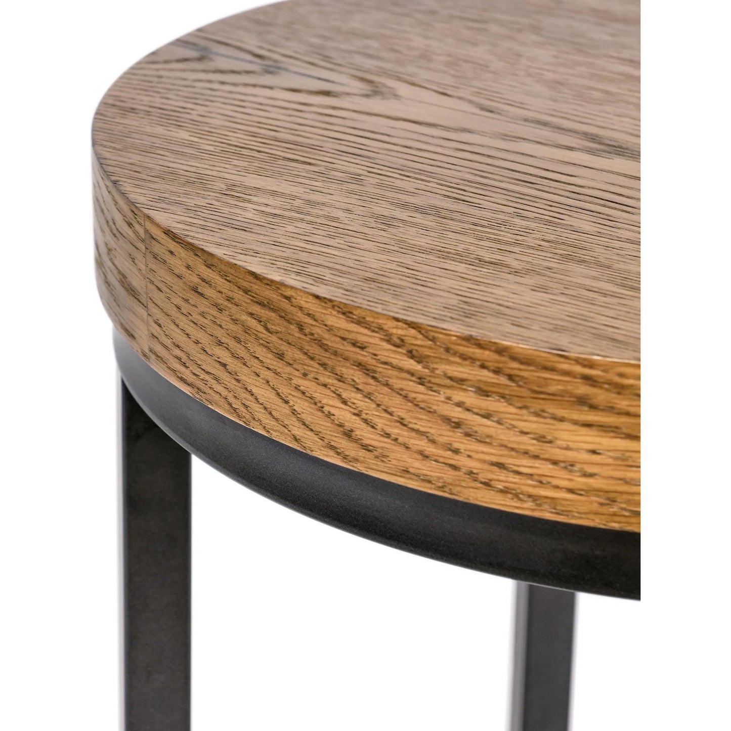 004 SI-2249238 | Closeup | Catta Round Wood End Table by Kosas Home in light brown, black. Made from oak veneer, iron in a unique style.