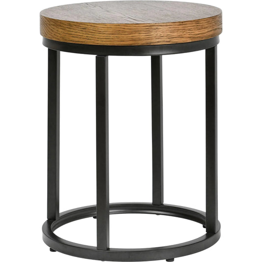 001 SI-2249238 | Primary Silo | Catta Round Wood End Table by Kosas Home in light brown, black. Made from oak veneer, iron in a modern style.