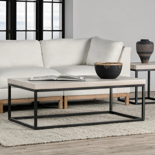 Catta Wood Coffee Table by Kosas Home in white, silver and white wash. Made from oak veneer, iron in a modern style.