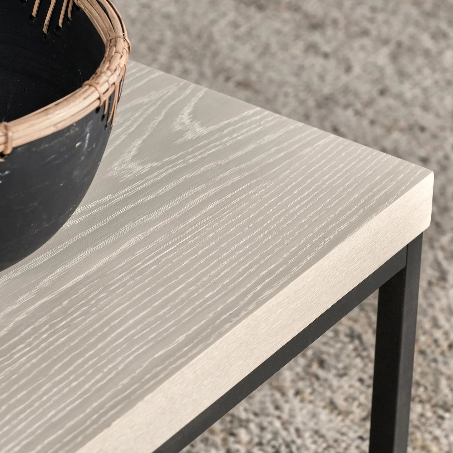 004 SI-2249239 | Closeup | Catta Rectangular Wood Coffee Table by Kosas Home in white, silver and white wash. Made from oak veneer, iron in a unique style.