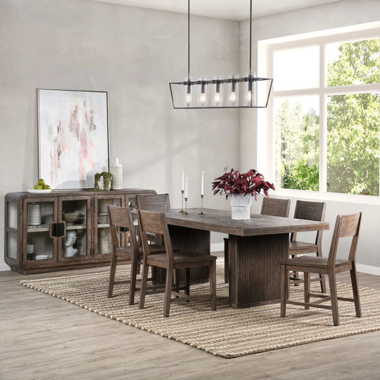 Ollie Dining Table by Kosas Home in brown. Made from reclaimed pine in a modern style.